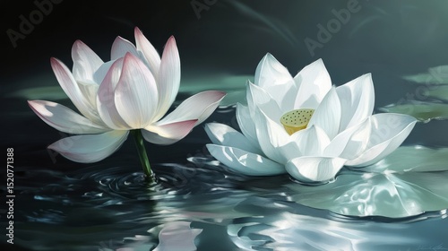 Two white lotus flowers bloom on water with green leaves and dark background.