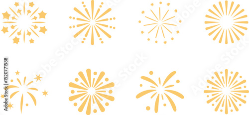Set of Golden Fireworks and Starburst Celebration Elements