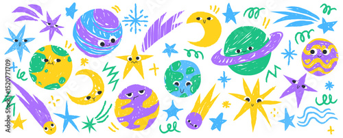 Cute outer space sticker set drawn with crayons - funny kawaii planets and comets, stars doodle with different emotions on faces. Childish sketch cosmic elements. Cartoon astronomy vector design.