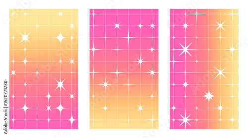 Retro star pattern set - bright y2k aesthetic backgrounds in neon gradient yellow, orange and pink. Playful grid layouts with twinkles, square tiles, geometric shapes. 90s wallpapers for party flyers.