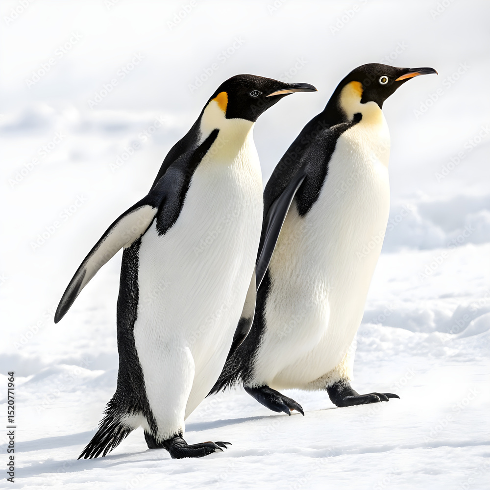 Fototapeta premium Two emperor penguins walking side by side, full body view.