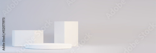 Minimalist white geometric podium on light gray background - simple platforms of different heights and shapes, blank studio setup. 3d empty product display. Modern stage design for product showcase.