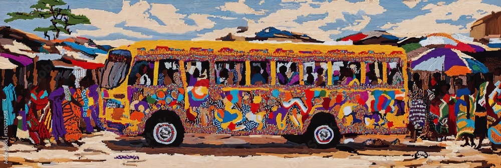 Fototapeta premium Painted bus with passengers parked near market stalls under a bright sky.
