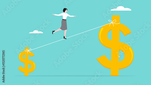 investment growth with high risk high return, increase in income or wealth, business sales or profit increase concept, businesswoman investors walk a tightrope from small dollars to bigger dollars