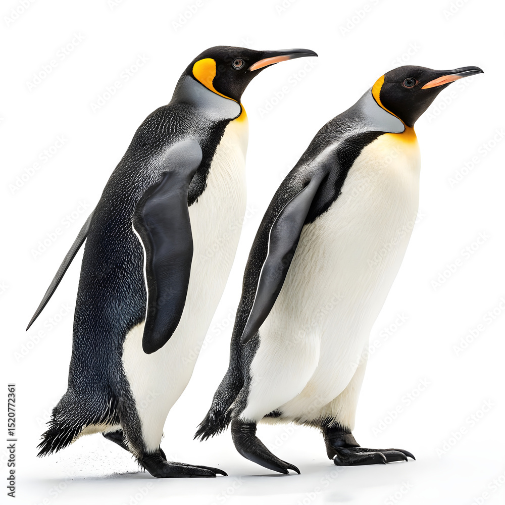 Fototapeta premium Two emperor penguins walking side by side, full body view.