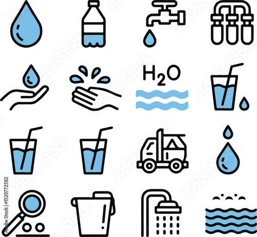 Water and Hydration Line Icons Set Clean and Essential Liquid Concepts