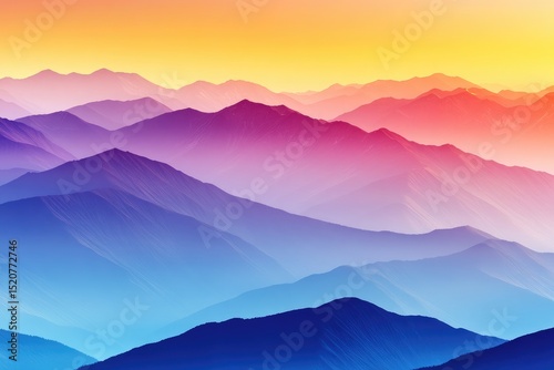 Vibrant sunset hues paint layers of hazy, distant mountains, transitioning from warm yellows to cool blues