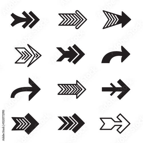 Collection of black and white silhouette arrows for directional guidance and navigation design.