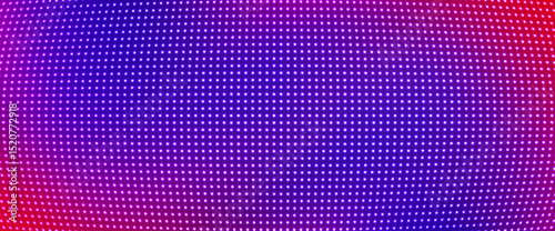 Led pixel screen display with bright pink and purple dots forming digital wall background. Futuristic technology pattern for video walls, presentations or electronic advertising. Tv display panel