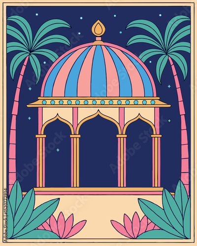 Colorful indian pavilion surrounded by palm trees and tropical floral illustrations