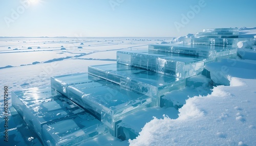 Blue Sky Reflection on Clear Ice Steps on a Snowy Platform