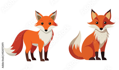 Two adorable cartoon foxes standing and sitting