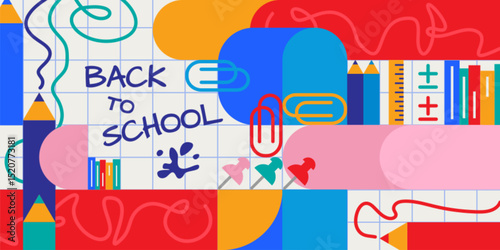 Colorful back to school geometric pattern with abstract shapes, circles and squares on grid background. Study supplies icons - pencils and books, ruler and paper clips, pushpins for educational design