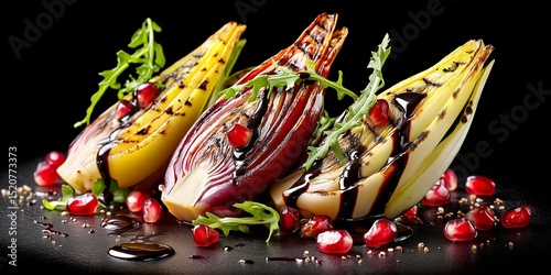 Grilled chicory with pomegranate and molasses topped with arugula