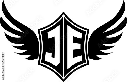 JE logo emblem with winged and shield template