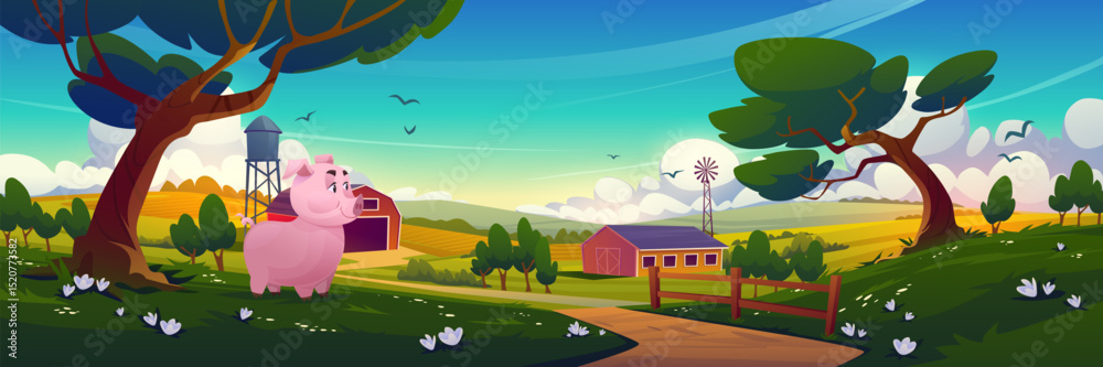 Naklejka premium Cartoon pig on farm landscape - pink piggy stands near tree with rural barn, water tower, windmill, fence and dirt path. Countryside scene with green fields, hills for agriculture game backgrounds.