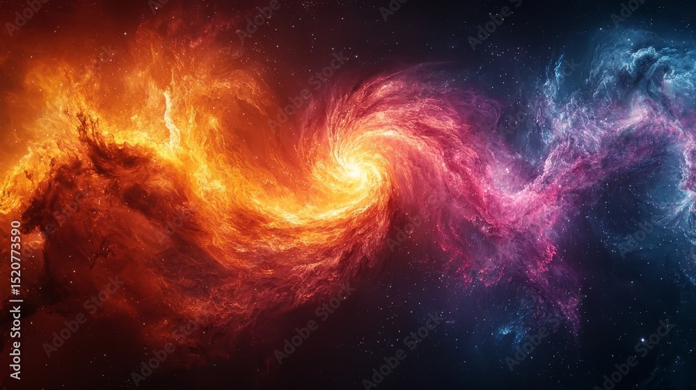 Fototapeta premium Vibrant Cosmic Swirl: A stunning blend of fiery orange and deep blue nebulae, capturing the dynamic beauty of the universe in a mesmerizing celestial dance.