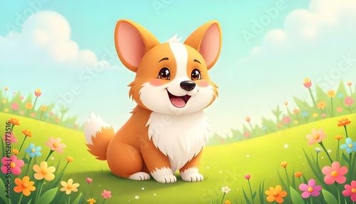 A charming corgi cartoon with short legs and a fluffy butt, set in a blooming meadow during summer. 