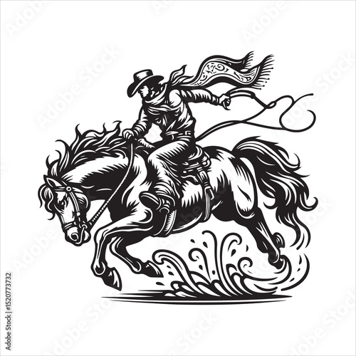 Western Cowboy on Horse with Bandana – Line Art Vector Illustration

