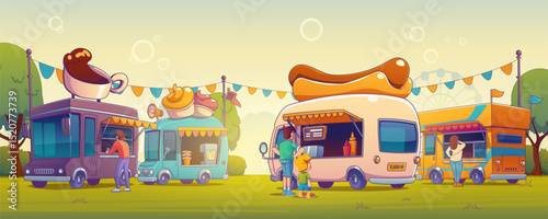 Cartoon street food truck festival scene - colorful mobile vendors selling coffee, ice cream, hot dogs with giant decorations. Characters order from trucks parked on grass with festive bunting.