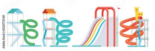 Set of children's water slides in an aquapark in cartoon style. Vector illustration of tall water spiral structures, slides of different shapes with lids, steps, flag isolated on white background.