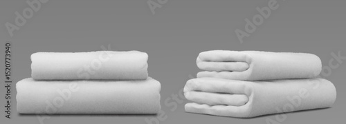 Clean white towels stacked for bathroom spa use - soft cotton bath towel folded with smaller hand cloth on top. 3d realistic fresh laundered fluffy textile bundle for hotel or home luxury comfort.
