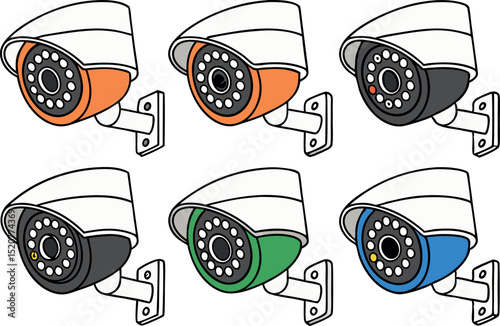 Colorful surveillance cameras security icons vector illustration on white background