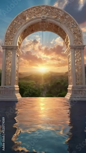 Ancient stone arch bridge at sunset