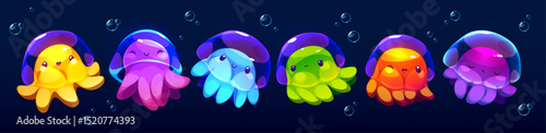 Colorful cartoon jellyfish collection floating in dark ocean - cute smiling medusa characters with transparent bells and wavy tentacles. Adorable underwater creatures swimming among bubbles.