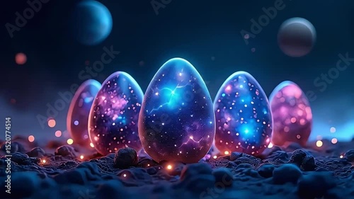 Easter eggs with a space design and with glowing light and colorful stars, perfect for Christmas or holiday design