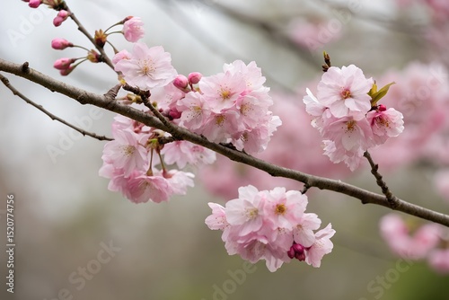 Delicate pink cherry blossoms on branch