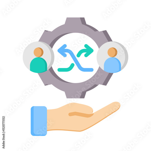 Business social network concept with a hand holding a gear, symbolizing global communication technology and connecting people worldwide