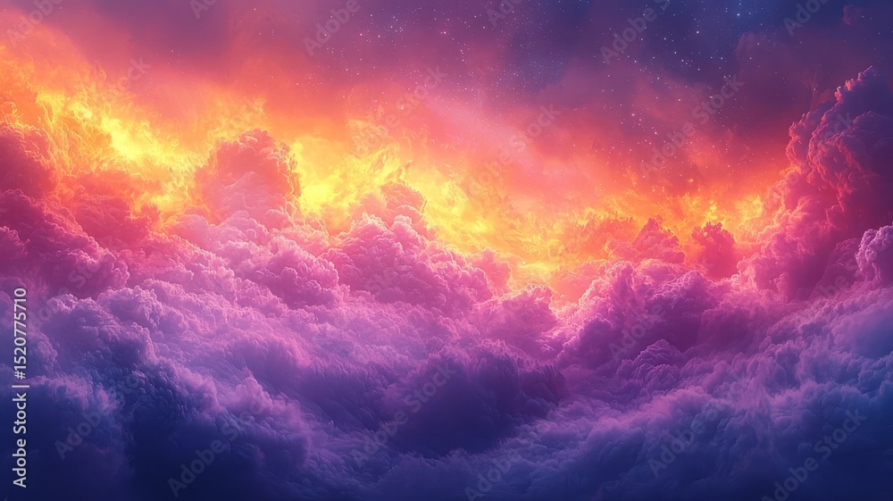 Fototapeta premium Vibrant sunset clouds illuminated in shades of orange and purple, creating a breathtaking sky scene perfect for nature-themed designs and backgrounds.