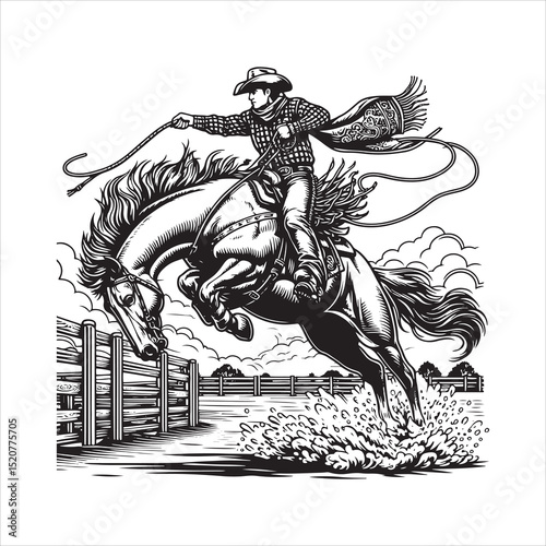 Western Cowboy on Horse with Bandana – Line Art Vector Illustration

