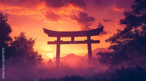 Silhouette of gate surrounded by trees with a vibrant sunset sky background.
