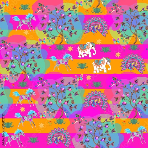 Galloping horses with blue manes, Indian elephants, cute cartoon peacocks, flowering trees, butterflies on a bright background in orange and fuchsia horizontal stripes. Seamless boho print for fabric.
