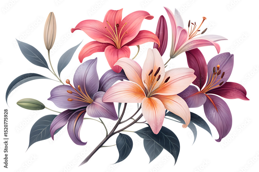 Obraz premium vibrant lily flower bouquet with colorful petals - beautiful floral art isolated on transparent background