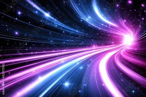 Glowing purple and blue light streaks converge into a bright, star-filled vortex tunnel against a dark background