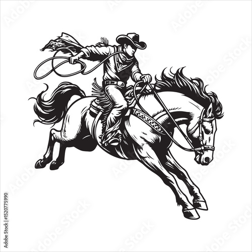 Western Cowboy on Horse with Bandana – Line Art Vector Illustration

