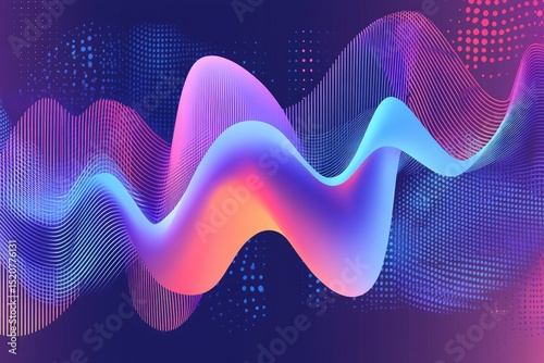 Abstract wavy form with vibrant pink, blue, and orange gradient, overlaid with a halftone dot pattern on a dark background