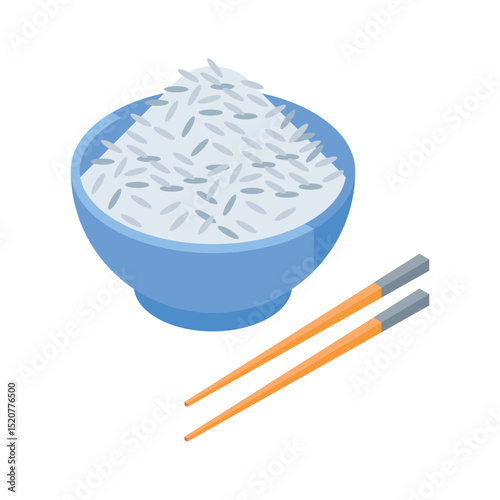 Well designed isometric icon of boiled rice bowl with chopsticks