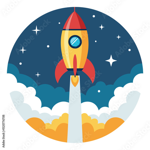 "Rocket Launch Vector Icon – Startup and Innovation Symbol in Red, Yellow, and Blue Tones"