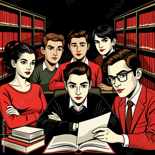 Group of young people focused on reading in a library