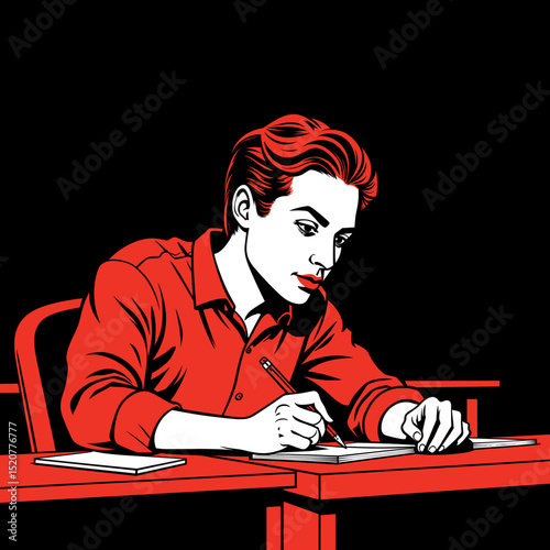 Person writing at a table with a red background