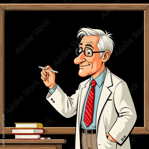 Smiling teacher explaining lessons with chalkboard background