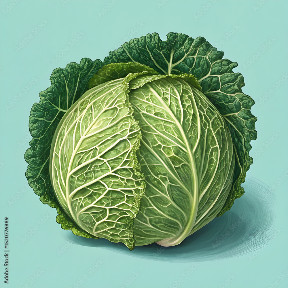 Fototapeta premium Whole green cabbage placed upright on a pale aqua background.