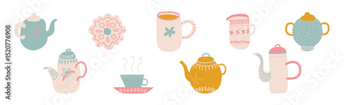 Ceramic Teapot and Cup for Tea Brewing and Drinking Vector Set