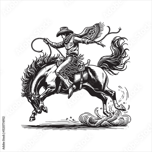 Western Cowboy on Horse with Bandana – Line Art Vector Illustration

