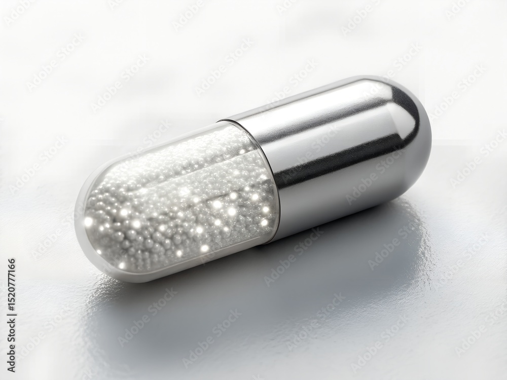 Naklejka premium Metallic capsule with a reflective surface, showcasing a sparkling interior, resting on a smooth surface, highlighting the contrast between materials and the concept of innovation in design