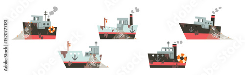 Fishing Nautical Ship and Sailing Boat with Net and Dirty Spots Vector Set